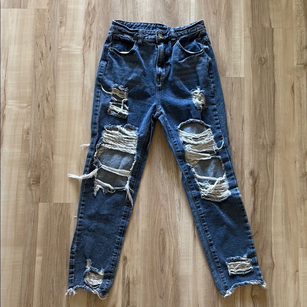 SHEIN Blue Boyfriend Distressed Jeans